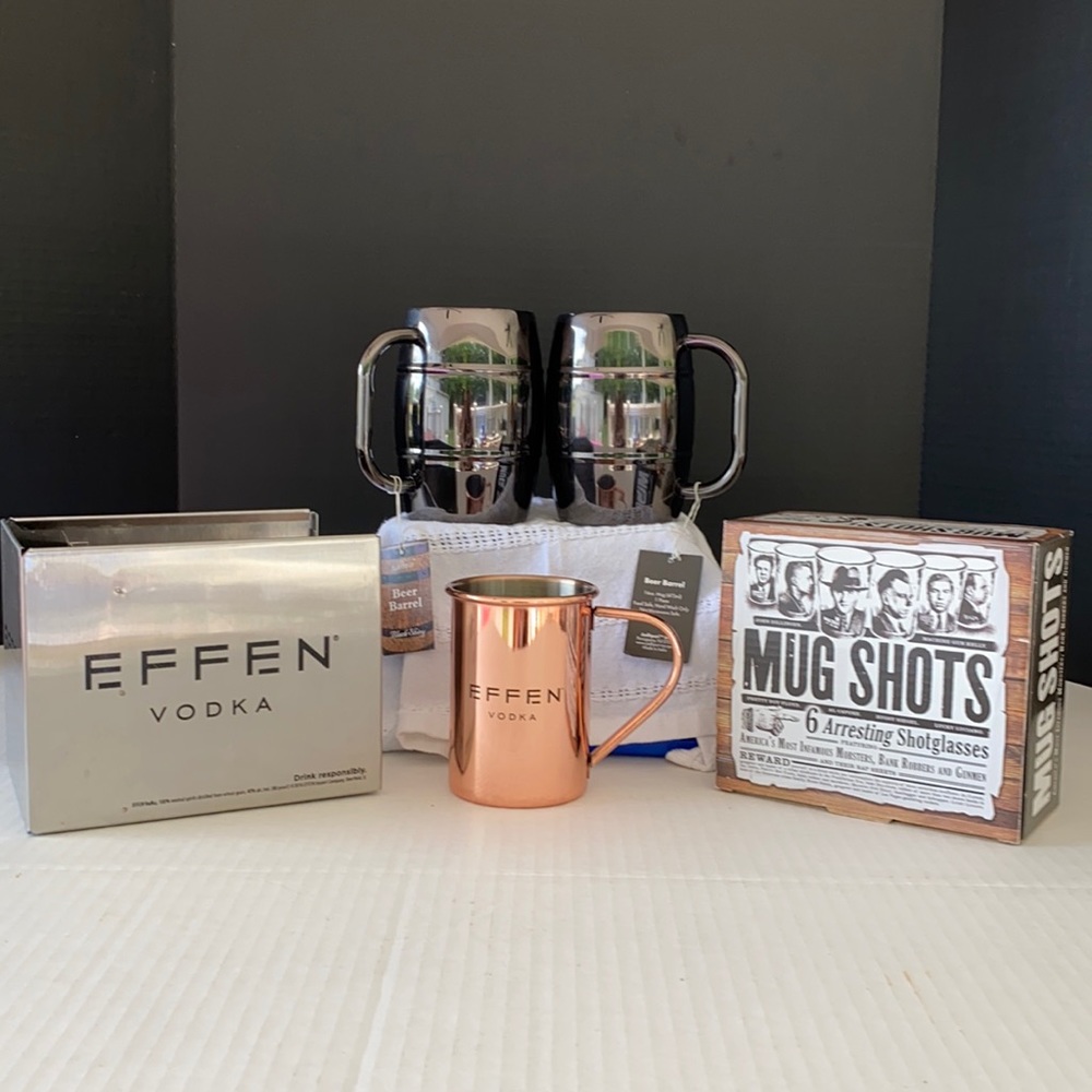 2 Black Shiney Beer Barrels, 6 Mug Shot Glasses, 1 Effen Vodka Caddy & Mug.